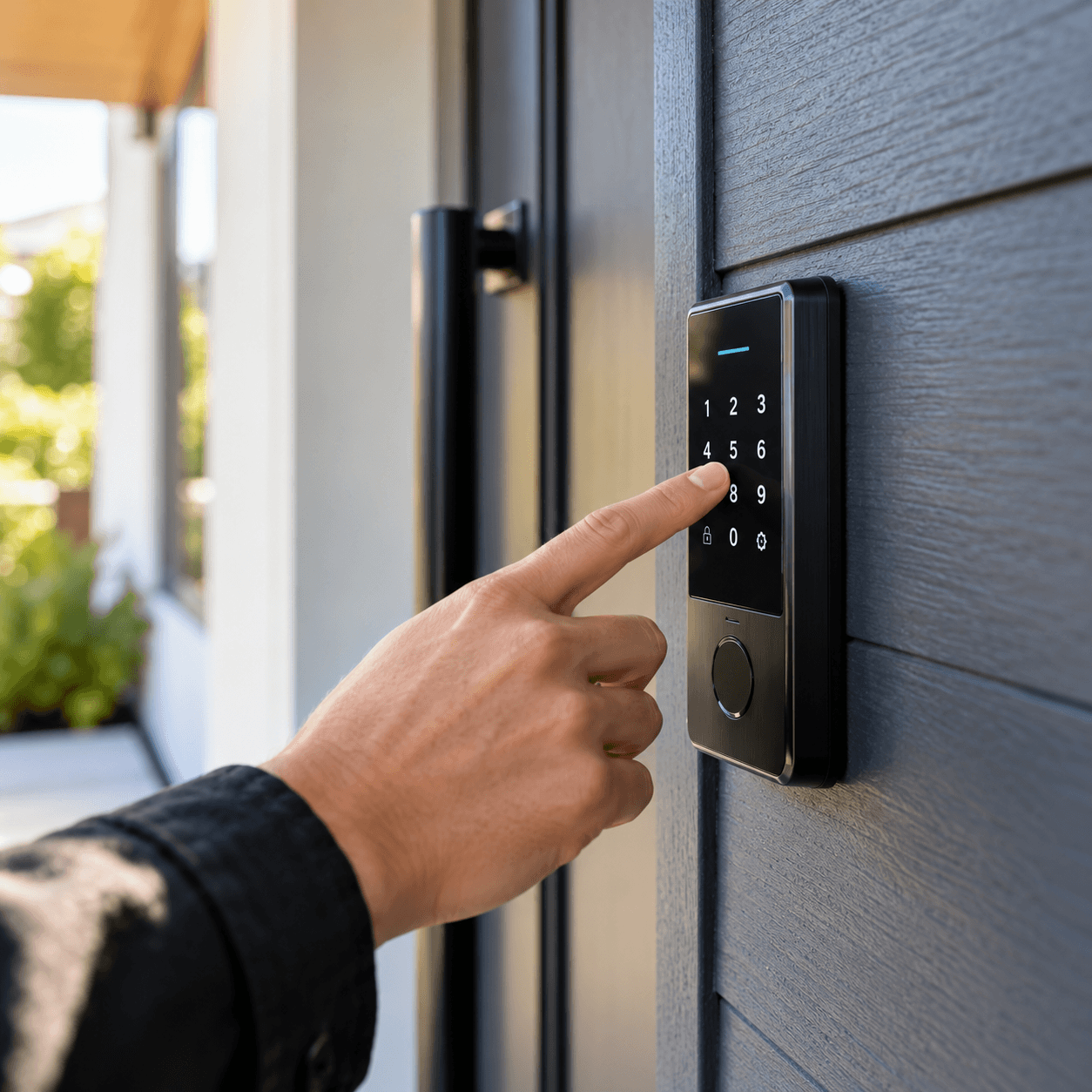 someone entering a code on a wall mounted electronic keypad lock